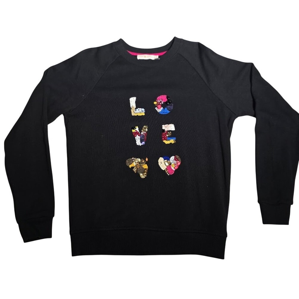Tory Burch Black Sequin Embellished LOVE Sweatshirt Raglan Pullover Womens S
